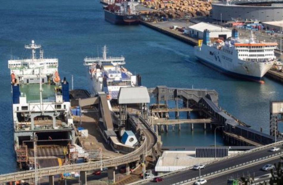 The Interislander Cook Strait ferries, from left, Valentine, Aratere and Kaiarahi, docked in...