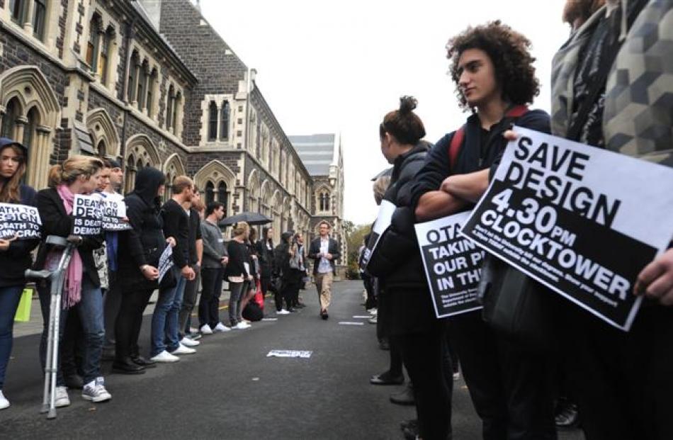 Students line up during the protest.
