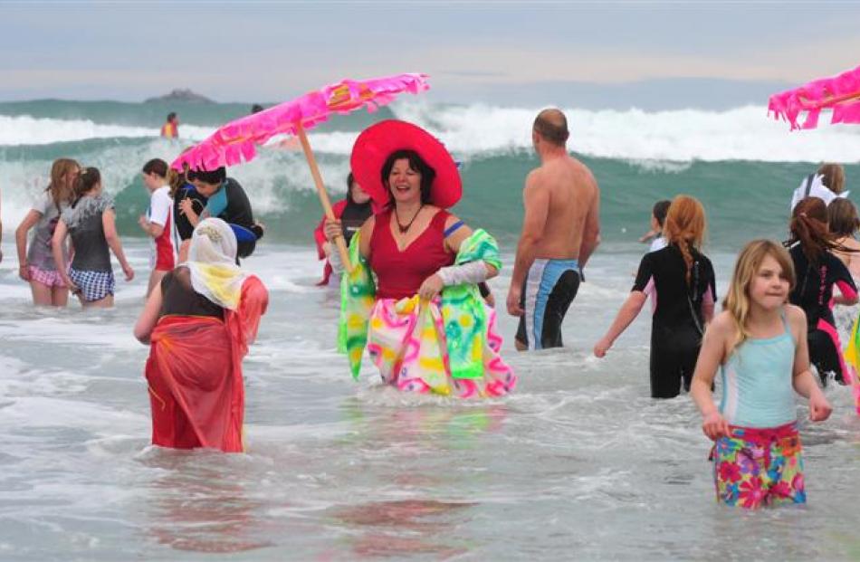Well-dressed participants in the 2008 Polar Plunge held at St Clair Esplanade, Dunedin.
