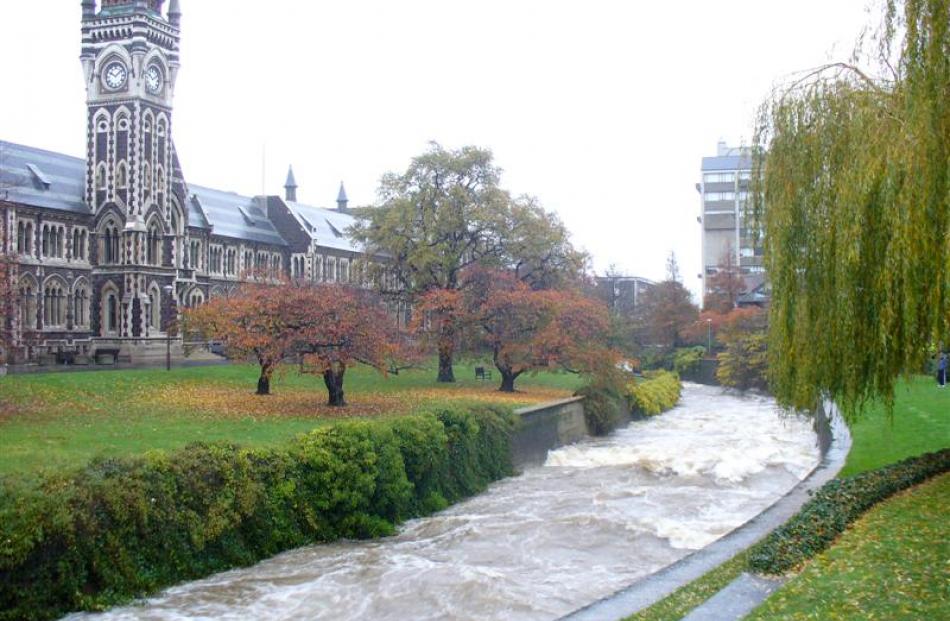 The Water of Leith running high near the University of Otago clocktower. Photo by Webfeatpix