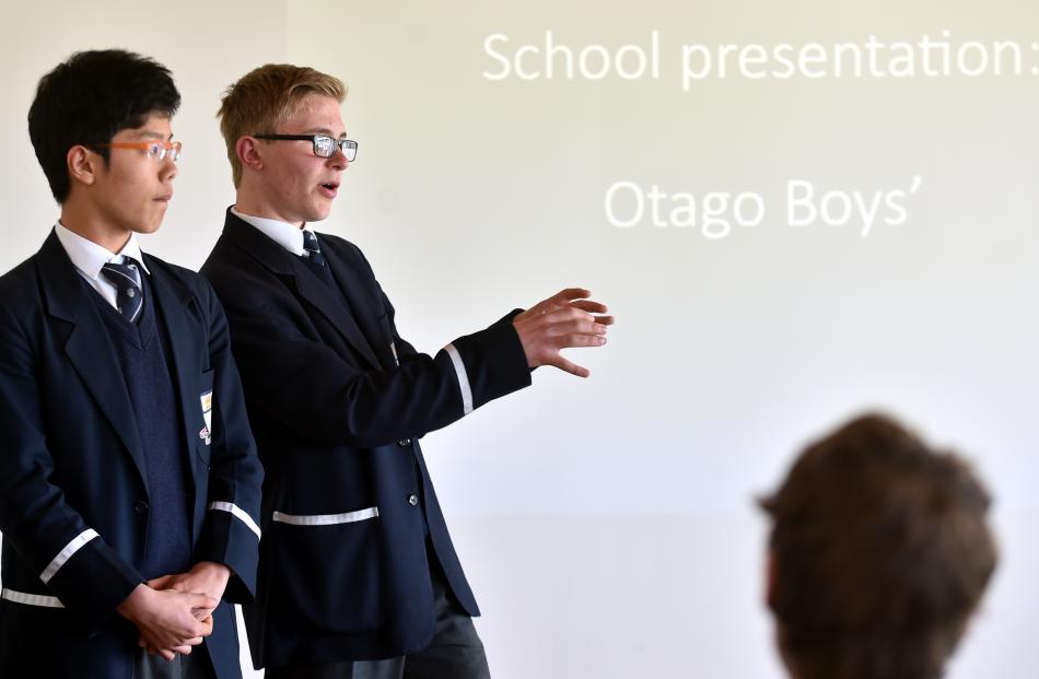 Otago Boys' High School pupils Sean Woo (15, left) and Nathan Hill (16) engage their audience.