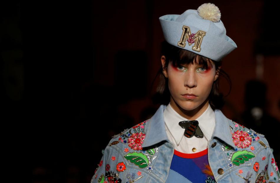 Some looks were navy-inspired with sailor hats and striped tops in the Manish Arora show at Paris...
