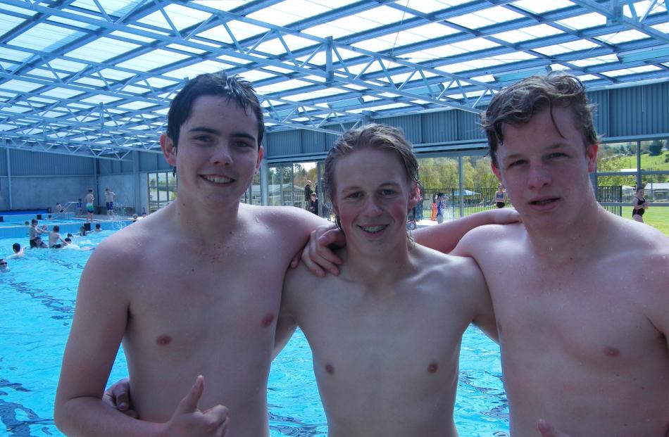 Lawrence Area School pupils (from left) Keegan Tunnage (15), Bradley Benington (16) and Kane Whitehead (16) enjoy the covered pool at the official opening of the Tuapeka Aquatic Centre in Lawrence.