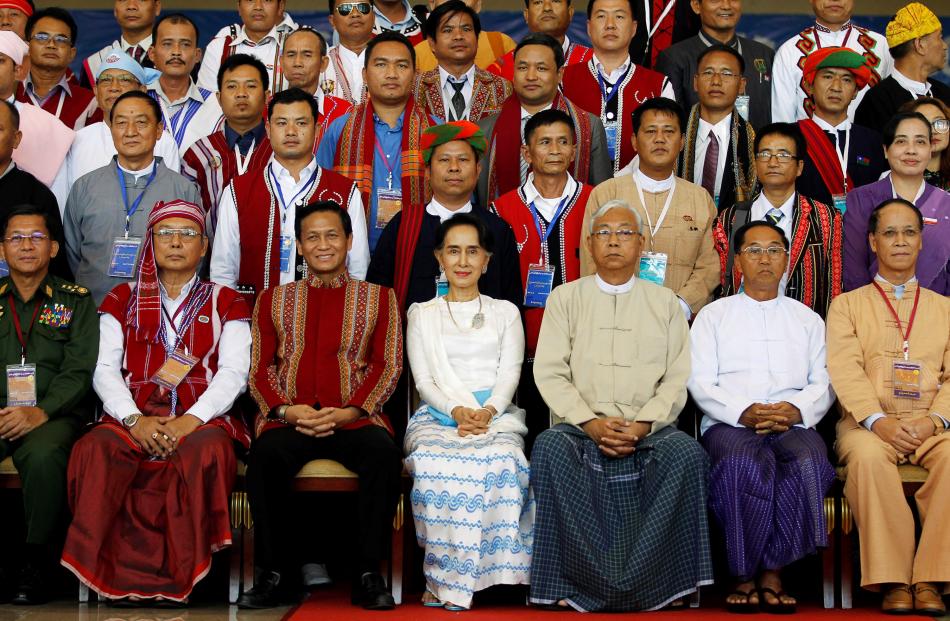 Front row, from left: Myanmar's Military Commander in Chief Senior General Min Aung Hlaing,...