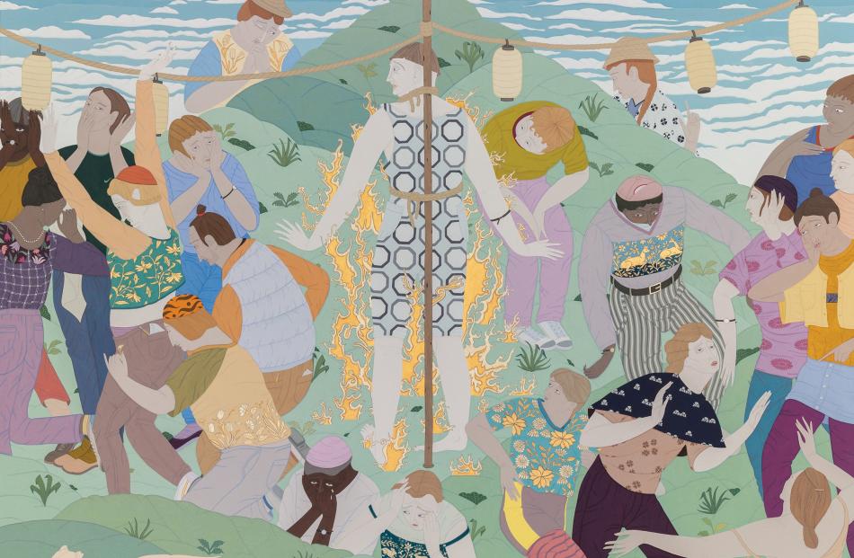 Bush works in mostly gouache and pencil on paper, as seen in Man on Fire. Photo from Private Collection, Wellington.