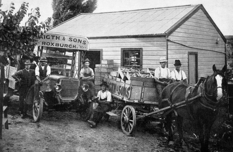 A motor lorry and wagon-load of fruit from Waigth and Sons Warrenheip Gardens in Roxburgh, bound for Beaumont in March, 1916.