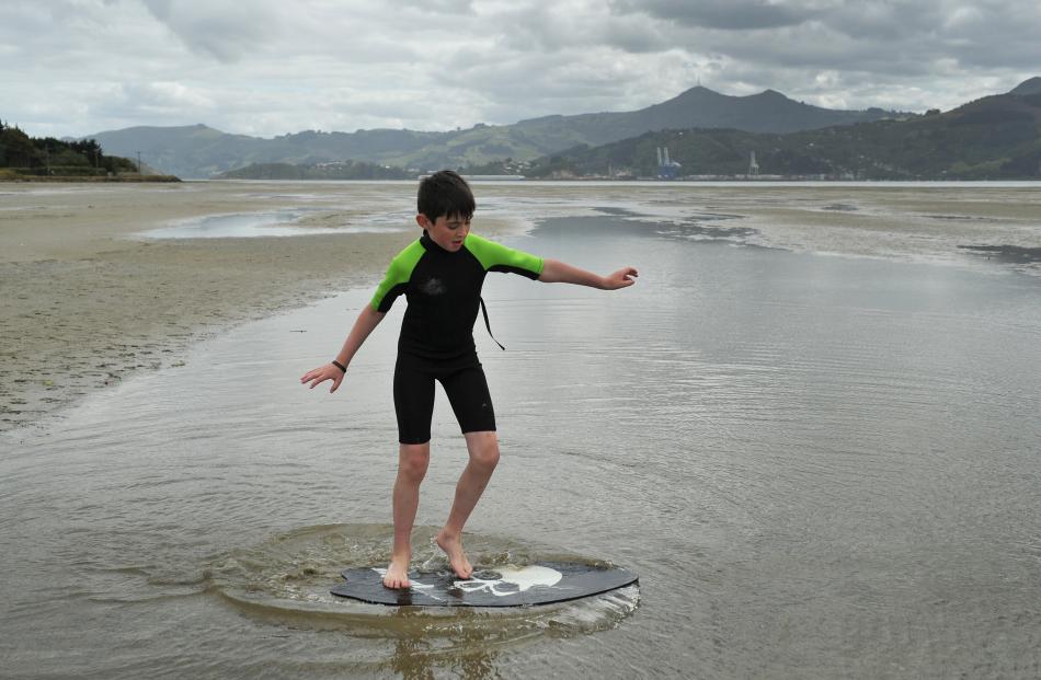 Riley McCallum skimboards in Otago Harbour at Harwood yesterday.