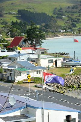 Flags fly in Harington Point, including a red version of Kyle Lockwood’s silver fern flag  ...