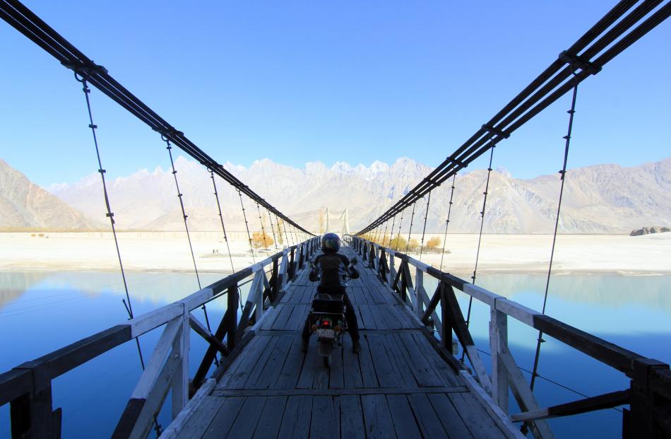 Crossing the Shyok River in Pakistan.
