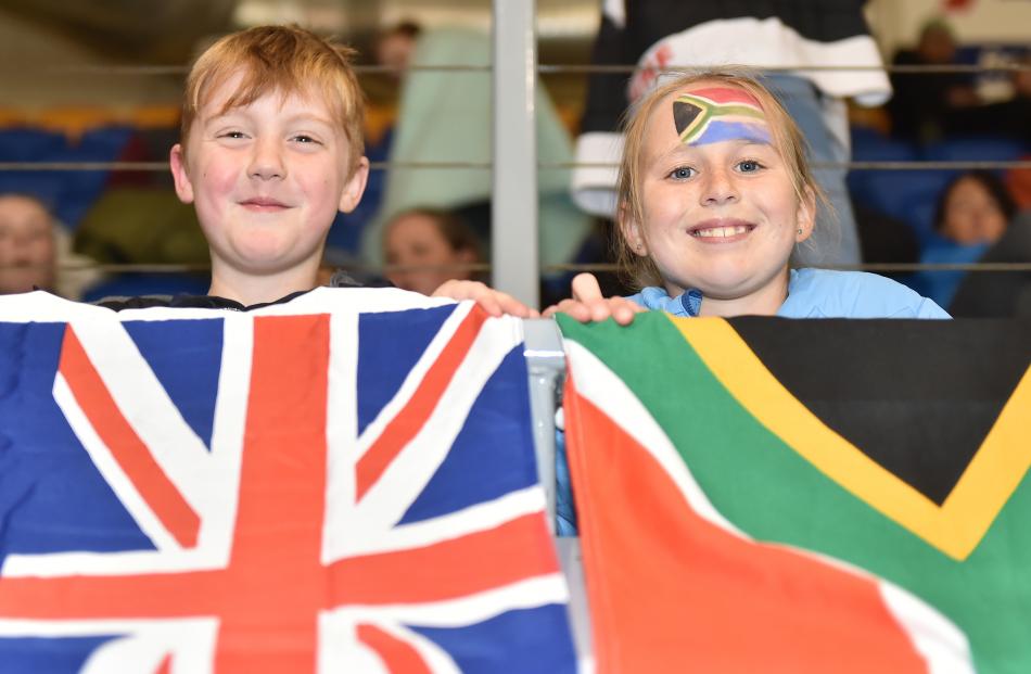 Ice hockey fans Connor McVicar (7), of Dunedin, and Erin Smith (11), of Christchurch, watch the action. Photos by Gregor Richardson.