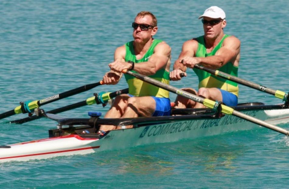 Simon Smith and Greg McLaughlan leave the start line in the masters double sculls at the South...