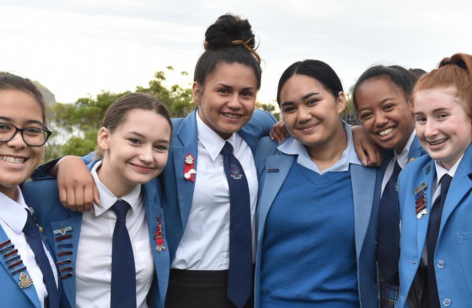 Queen's High School Kapa Haka group members Jordyn Martin (15), Georgia Clark (16), Tamika...