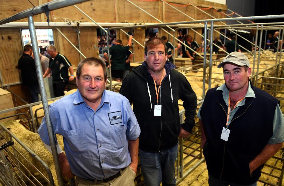 Sheep suppliers Trevor, Morgan and Clayton Peters stand backstage at the World Shearing and...