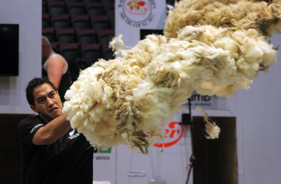 Dunedin-based woolhandler Joel Henare works his way to the World Shearing and Woolhandling...
