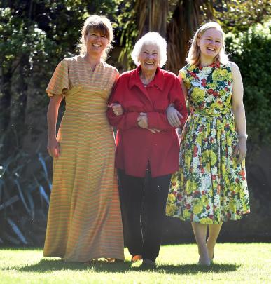 Mona Mathewson (91), of Mosgiel, walks with Monica Lindemann (left) and Rachel Tombs as they...