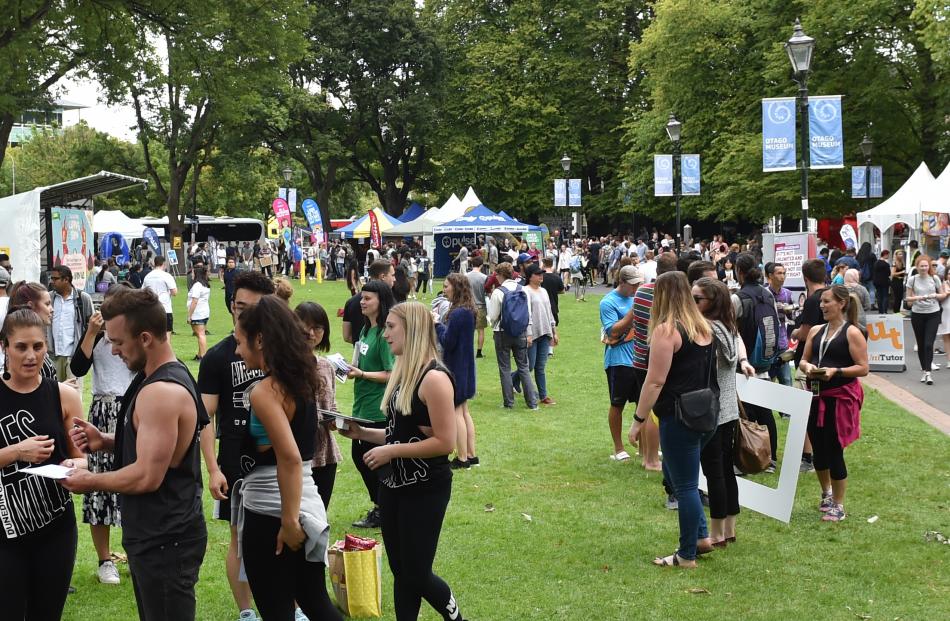 Hundreds of University of Otago students attend tent city on the Museum Reserve yesterday. 