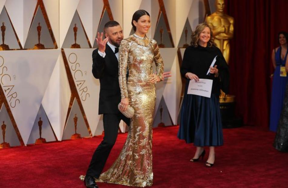 Jessica Biel with husband Justine Timberlake at the Oscars red carpet. Photo: Reuters