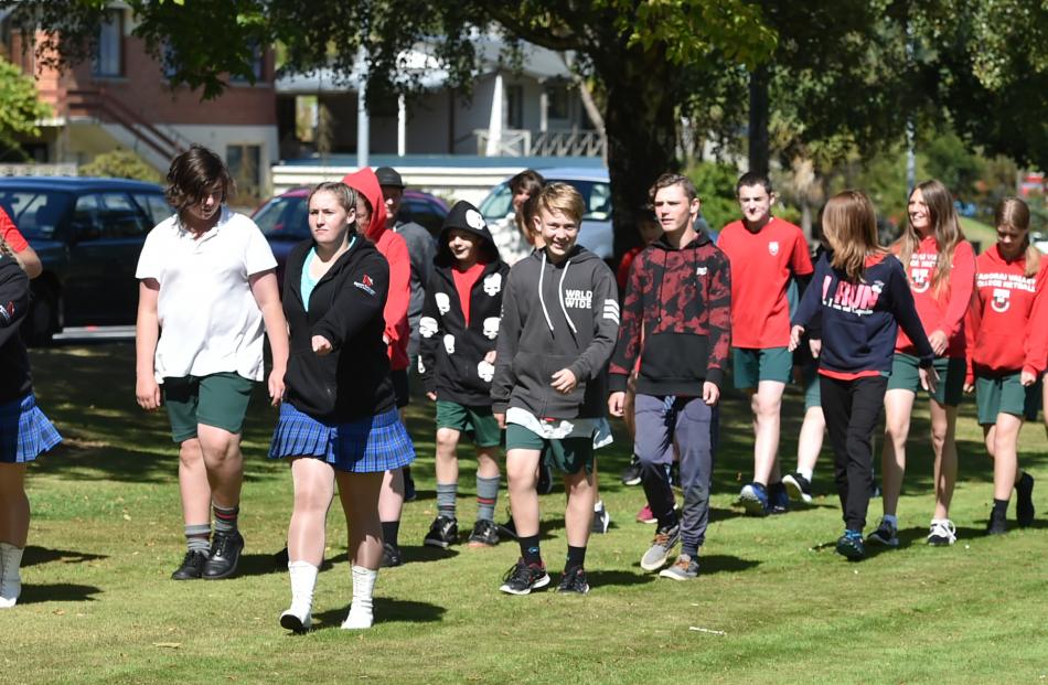 Pupils try marching during the Kaikorai Valley College Sport Expo yesterday. Photos by Gerard O'Brien.