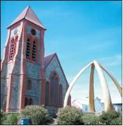 Long history: A whalebone arch outside a church in the Falkland Islands.