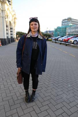 Jess wears Lazy Oaf jacket from Slick Willys, NOM*d top, Kowtow pants, Dr Marten shoes and a bag...