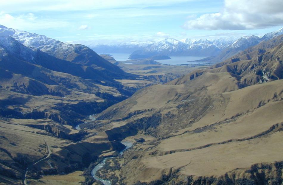 The Motatapu River and Lake Wanaka in the distance, at Motatapu Station. Photo: ODT.