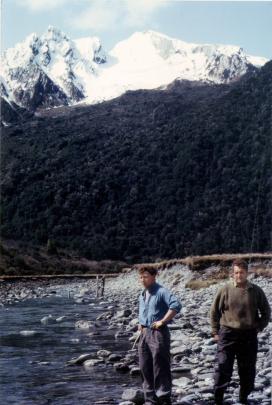 West Coast Airways pilot Geoff Houston (left) and engineer Des Wright beside the Welcome Flat...