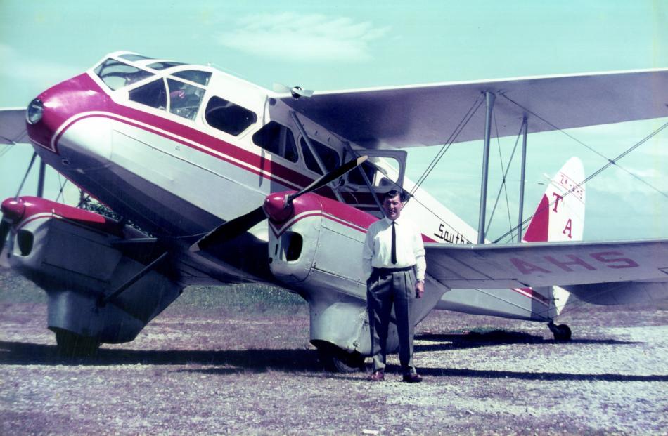 Brian Waugh with veteran DH89 Rapide ZK-AHS before the final South Westland air service flight in...