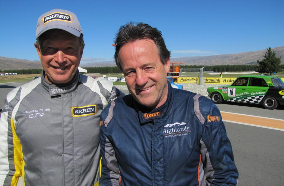 Grant Aitken (left), of Queenstown, and Highlands Motorsport Park owner Tony Quinn relax after taking part in racing.