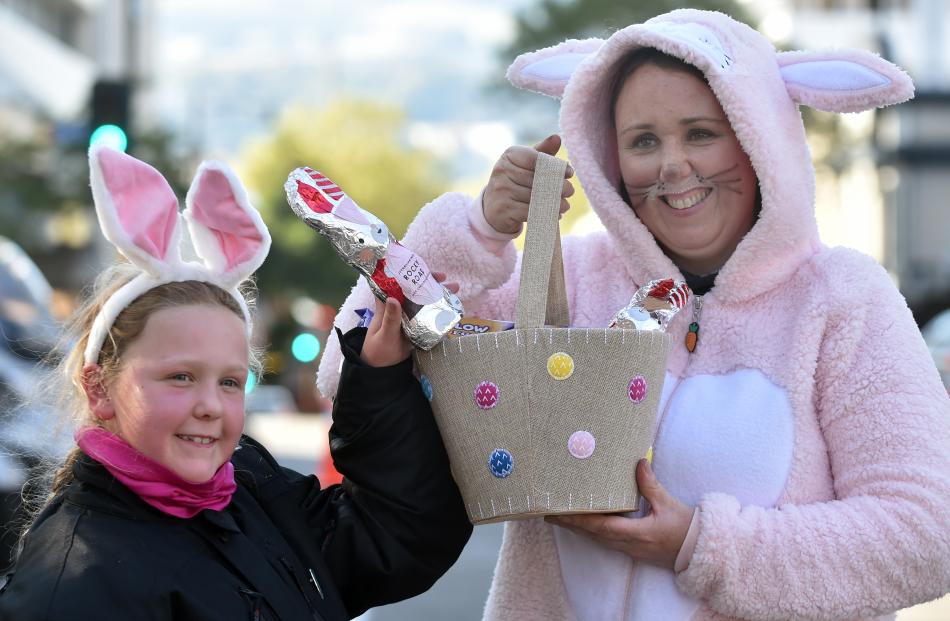 Tina Mercer and Lily Havard (8), of Dunedin, at the Bronz Otago Motorcycle Club Easter egg run in the Octagon.