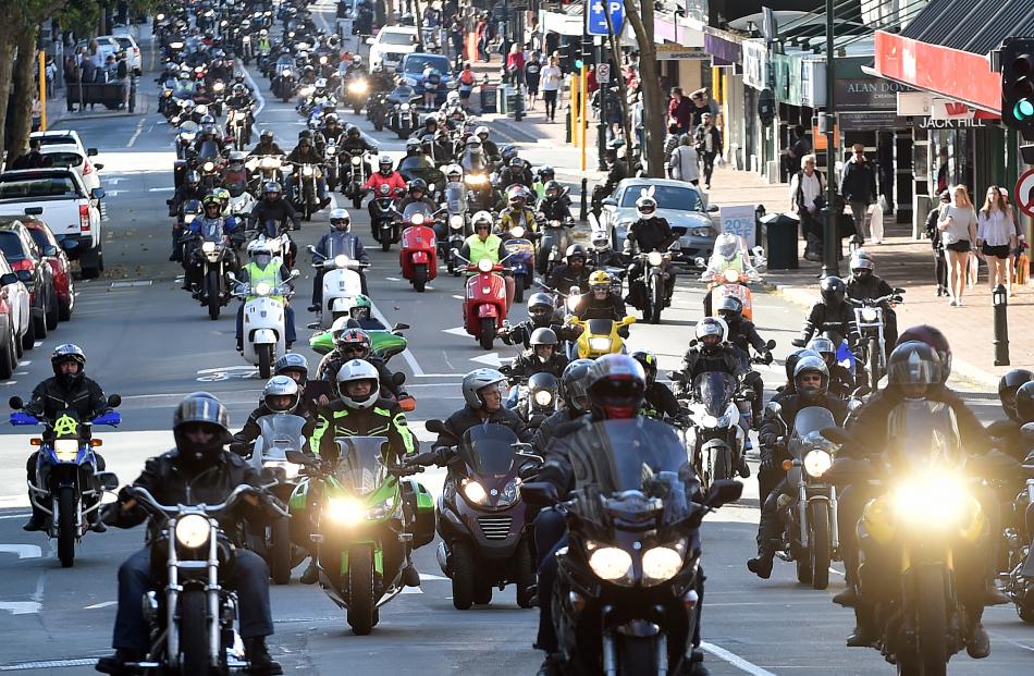 A pack of motorcycle riders participate in the Bronz Otago Motorcycle Club annual Easter egg run in Dunedin yesterday. Photos by Peter McIntosh.