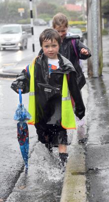 Tainui School pupils Cameron (6) and Summer (7) Sievewright walk home in Musselburgh Rise in Dunedin yesterday. Photos by Stephen Jaquiery.