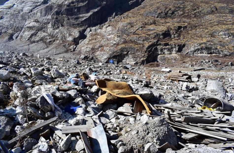 The devastation of the 2015 Nepal earthquake that destroyed Langtang village is still visible...