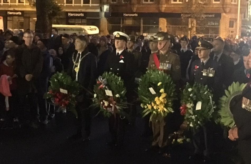 Wreath layers at the Dunedin Anzac Day dawn service in Queens Gardens. Photo: Stephen Jaquiery