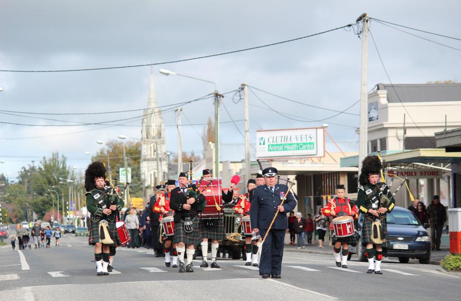 The Balclutha Pipe Band marches down Union St in Milton. Photo: Samuel White.