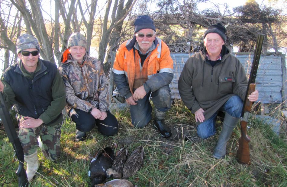 Duck-shooters (from left) Darryn Drake, of Alexandra, Michael Wade, of Dunedin, James Armstrong,...