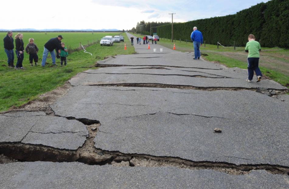 Damage to Highfield Rd, Kirwee, near the epicentre of the quake. The previously straight road has...