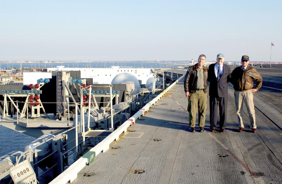 Dr David McKay, Red McDaniel and Norm Davis at the deactivation of USS Enterprise. Photo: Supplied.