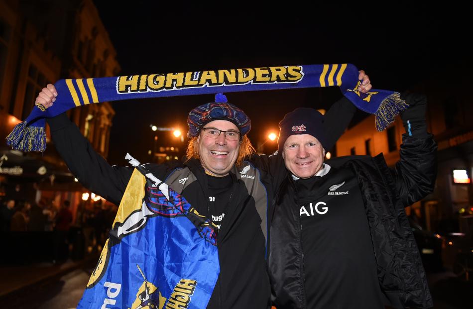 Highlanders supporters Paul Terry, of Tauranga (left), and Andy Evans, of Auckland, show their...