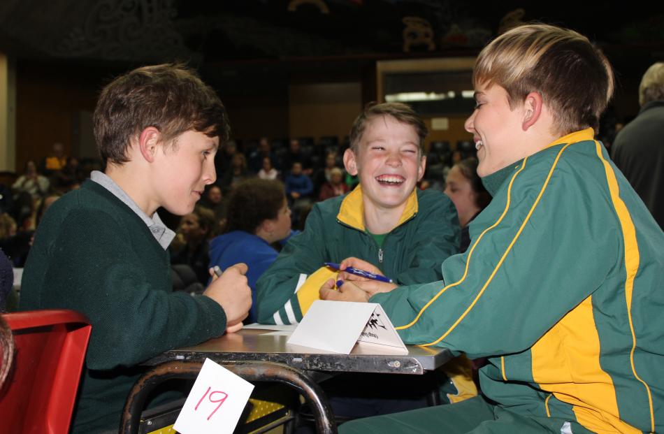 Charlie Breen (12, left), Olly Lyon (12) and Seb Waldron, of St Gerard’s School in Alexandra,  have a bit of fun while deliberating.