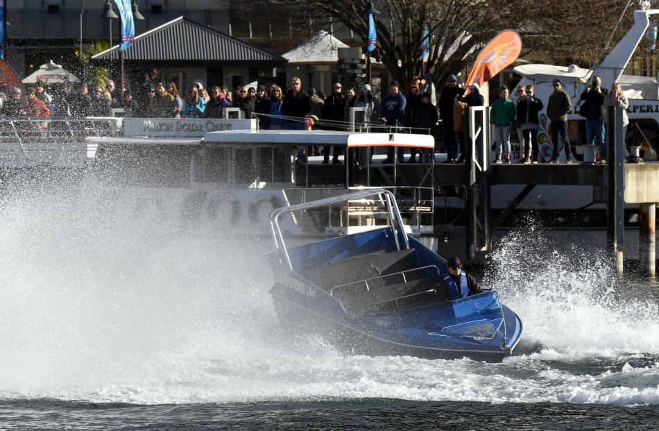 Kevin Molly, jet-boat driver for Skippers Jet, won first place in the sprint race around Queenstown Bay completing the course in just over one minute.