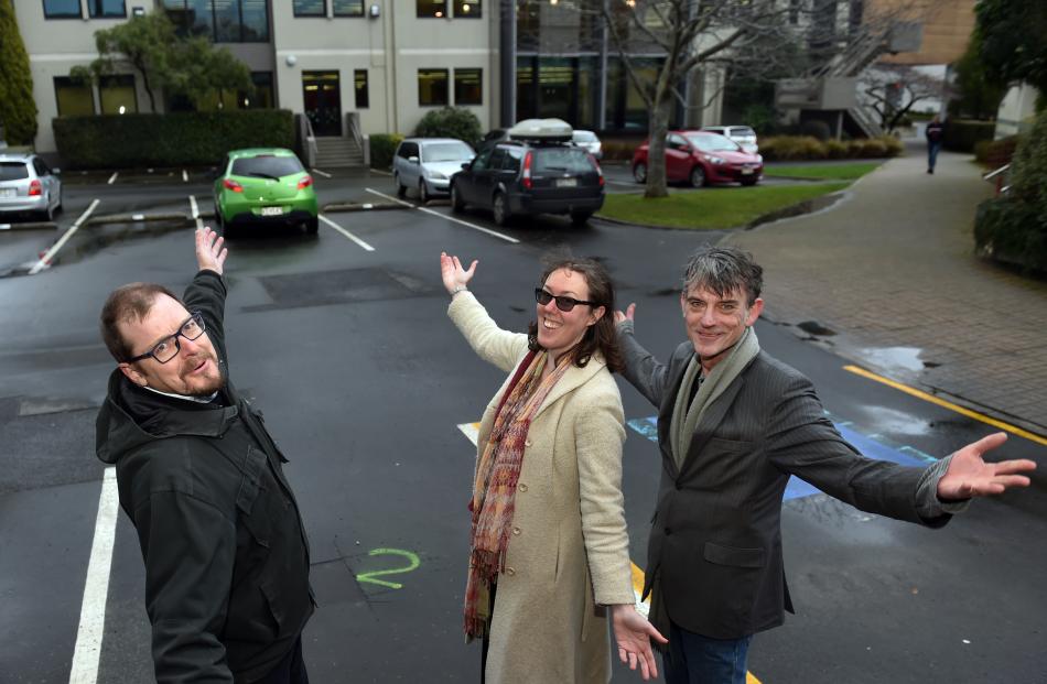 Otago University music, theatre and performing arts department staff (from left) music technician Stephen Stedman, Dr Jennifer Cattermole and Dr Graeme Downes at the site of the new music facility. Photo: Peter McIntosh