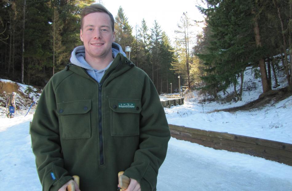 Part-time Naseby resident and international luger Jack Leslie, of Christchurch, takes a break after winning the New Zealand Luge Championships at the Naseby natural ice luge on Saturday. Photos: Pam Jones