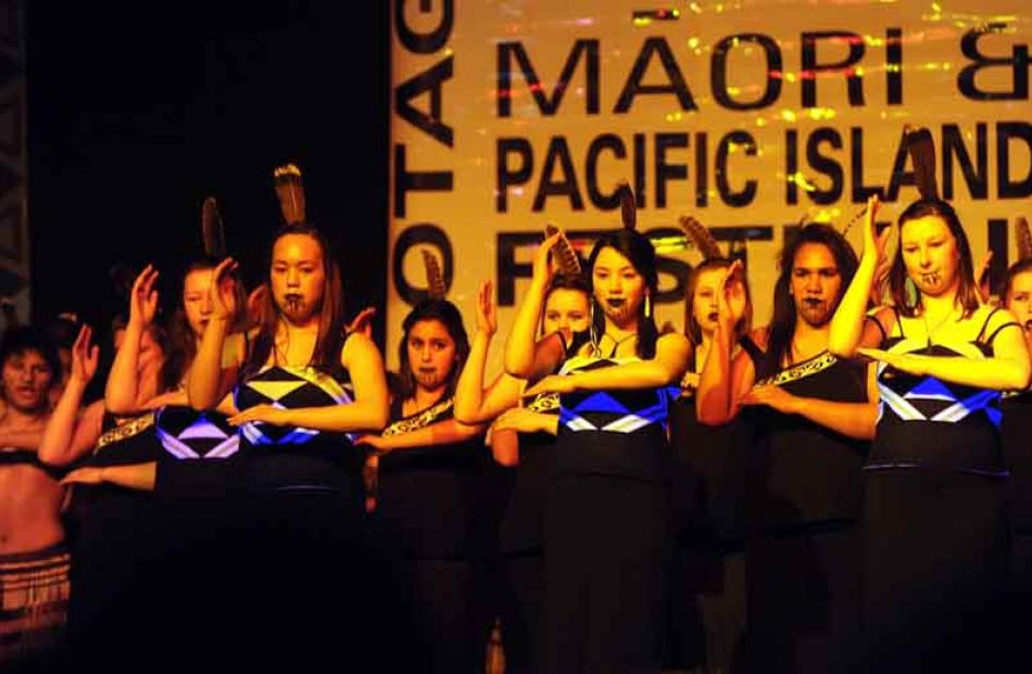 Otago Girls' High School kapa haka group Wairua Puhou performs. Photo by Peter McIntosh.