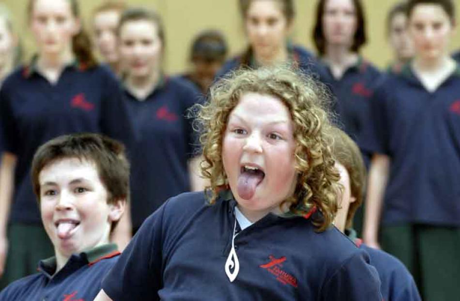 Callum Black (13) and Liam Whittaker (12), of Tahuna Intermediate School perform a haka. Photo by...