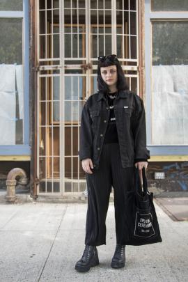 Julia wears vintage denim jacket, Eckhaus Latta Tshirt, Opening Ceremony Bag, Karen Walker...