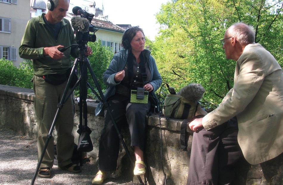 Shane Loader and Andrea Bosshard interview Kobi Bosshard at Lindenhof, Zurich, Switzerland, for their film Kobi.