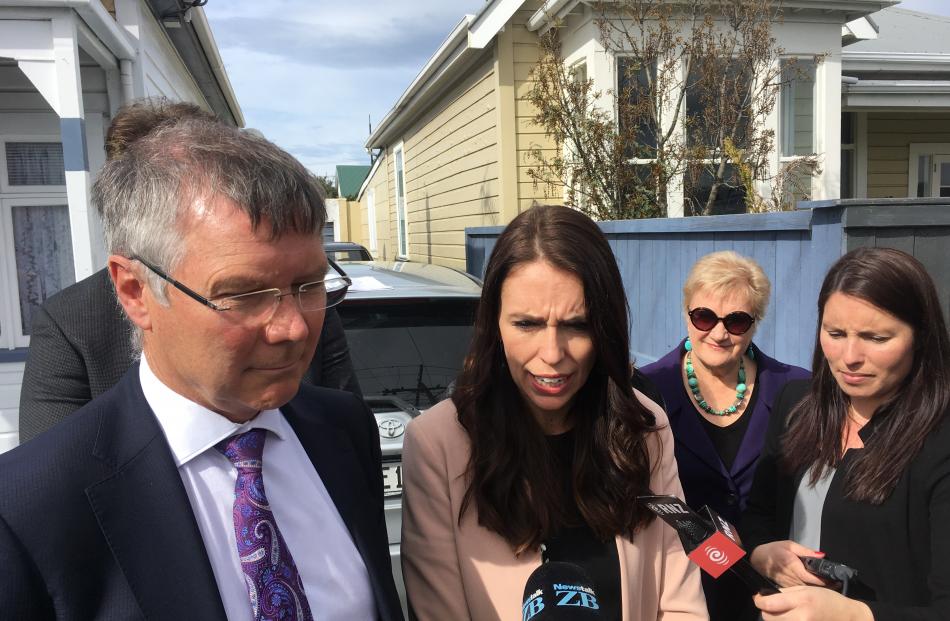 Labour Leader Jacinda Ardern, flanked by MPs David Parker and Annette King, speaks to media...