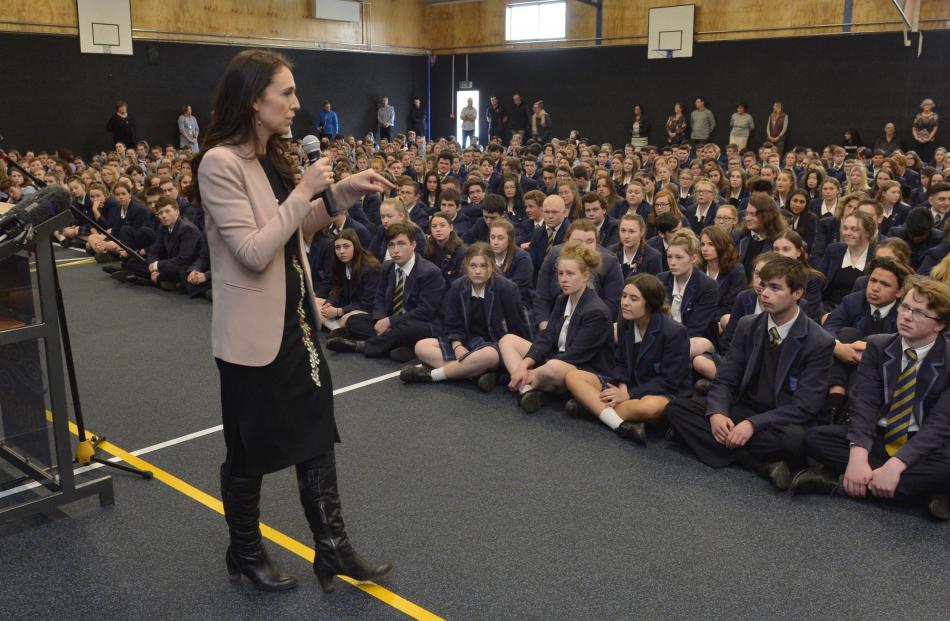 Labour leader Jacinda Ardern speaks toTaieri College pupils during a visit to the school.