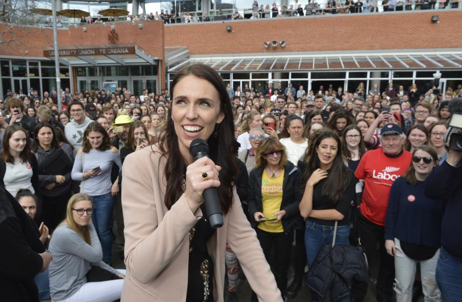 Labour leader Jacinda Ardern speaks to a crowd outside the University of Otago Student Union today. 