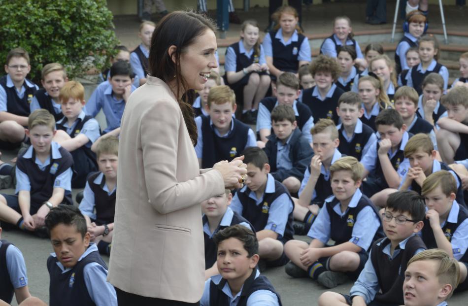 Labour leader Jacinda Ardern speaks toTaieri College pupils during a visit to the school today.